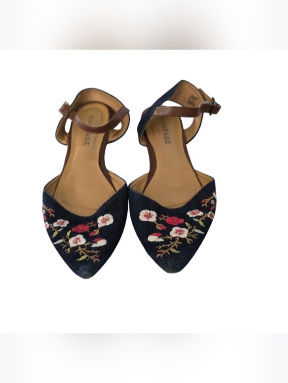 Rampage Corrinna Blue Denim Floral Embroidered Boho Pointed Toe Flats Size 9M